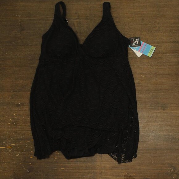 NWT Swim Solutions Tummy Control Scallop Swimdress One Piece Swimsuit Black 16W - Picture 4 of 7